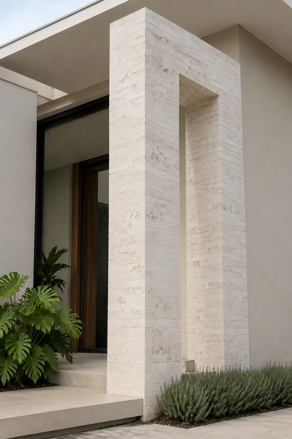 Aplicação ilustrativa de Travertino Brick em entrada residencial