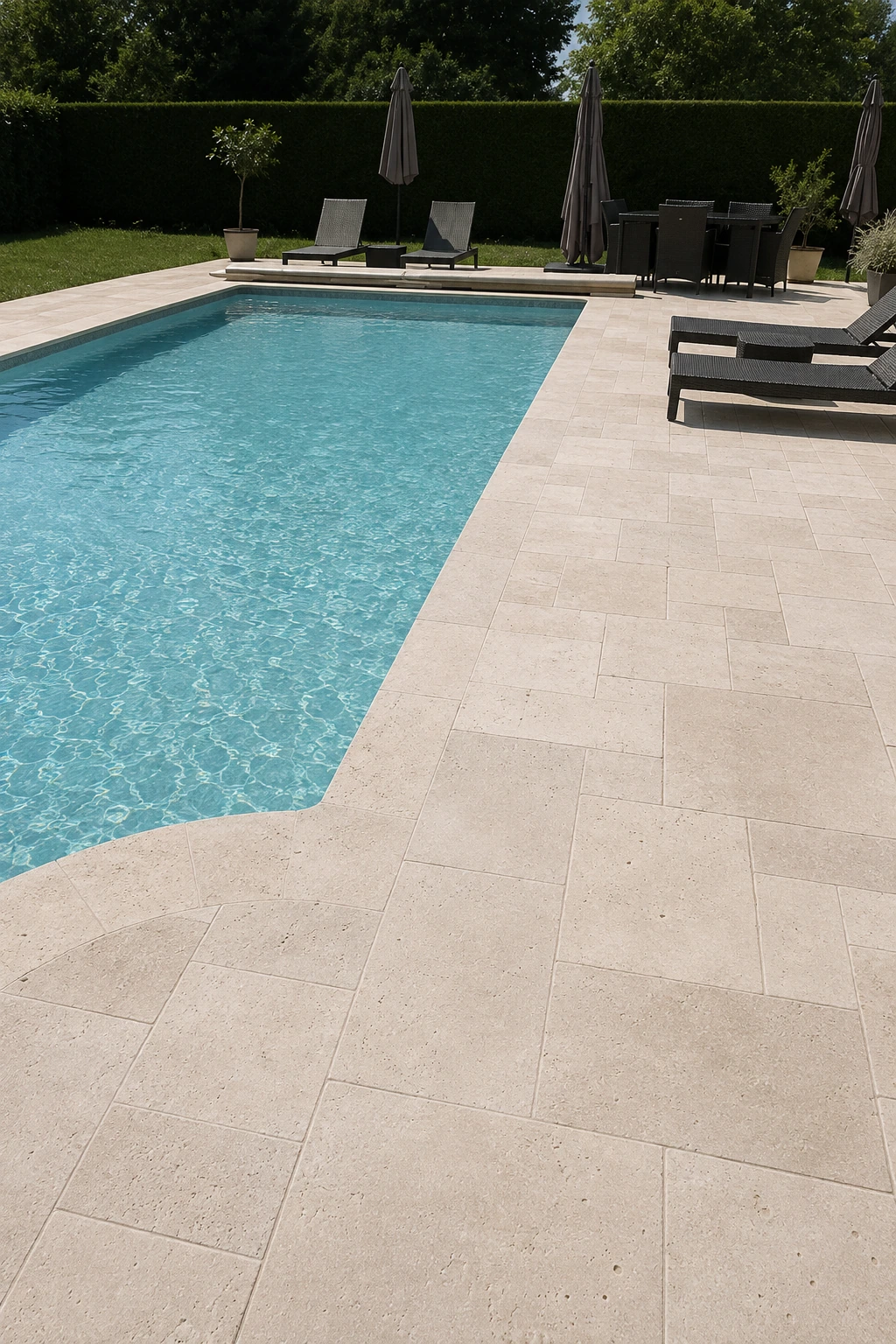Aplicação ilustrativa de Travertino French Pattern em área de piscina