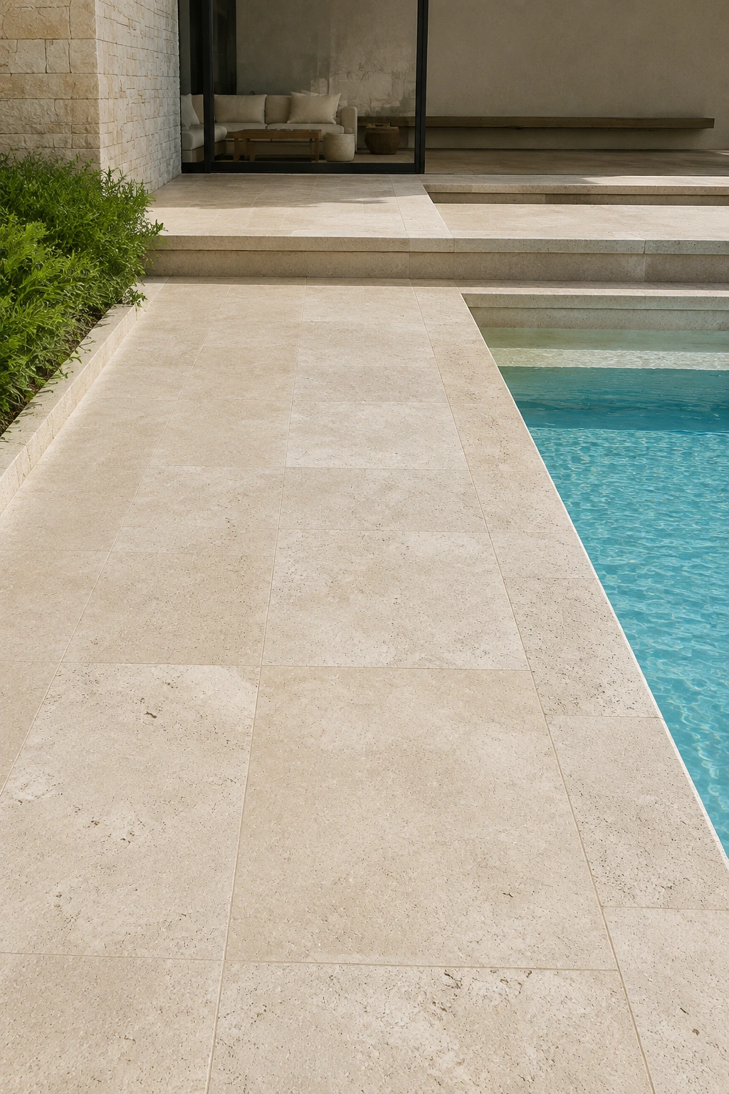 Aplicação ilustrativa de Travertino para Pisos em área de piscina