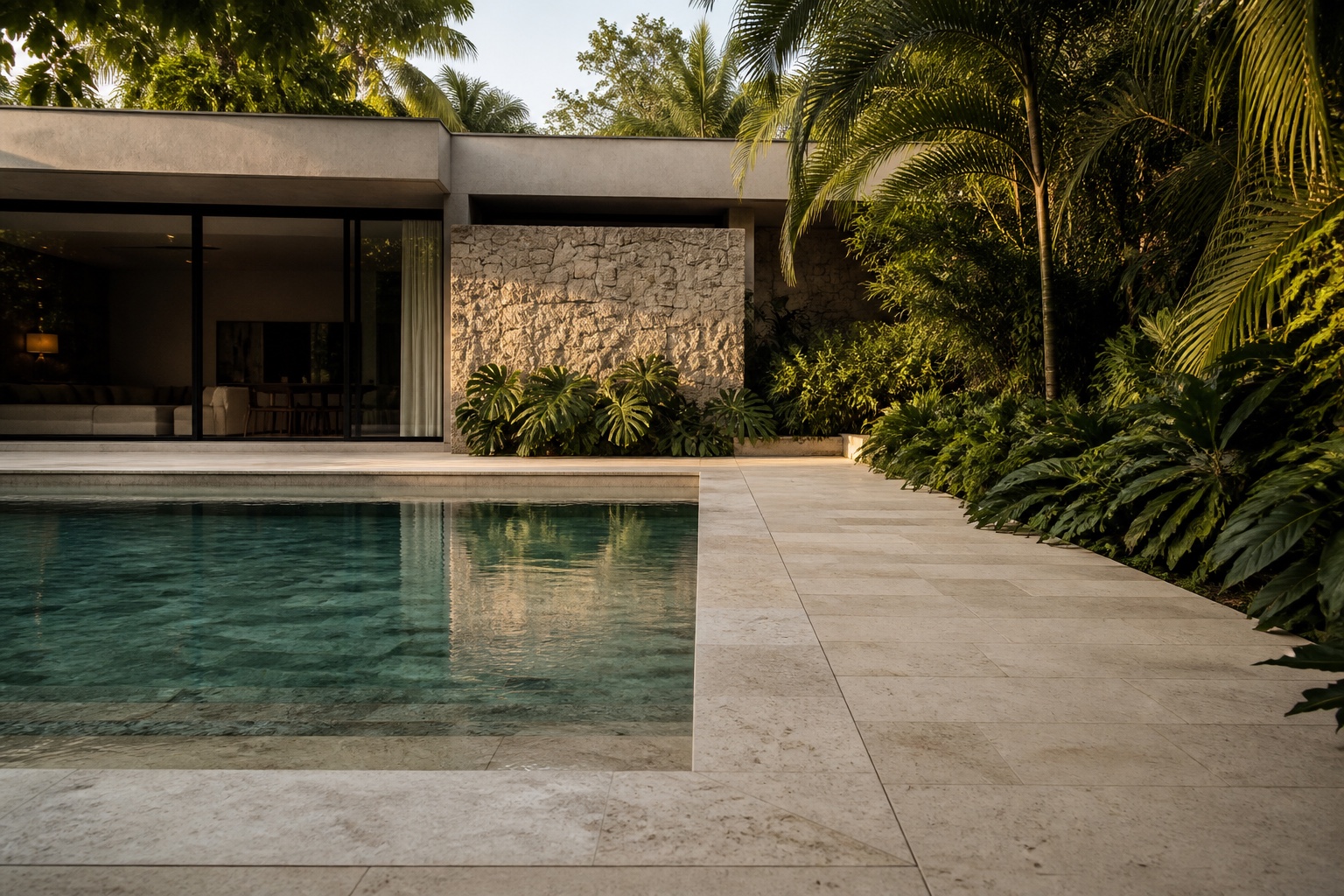 Piscina e residência contemporânea com aplicação de pedra natural clara